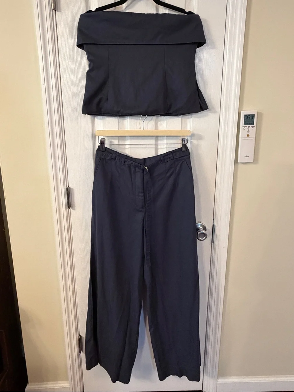 LOFT Versa Pure Spun Navy Off-the-Shoulder Top & Wide Leg Pants Set Size 6 | NWT